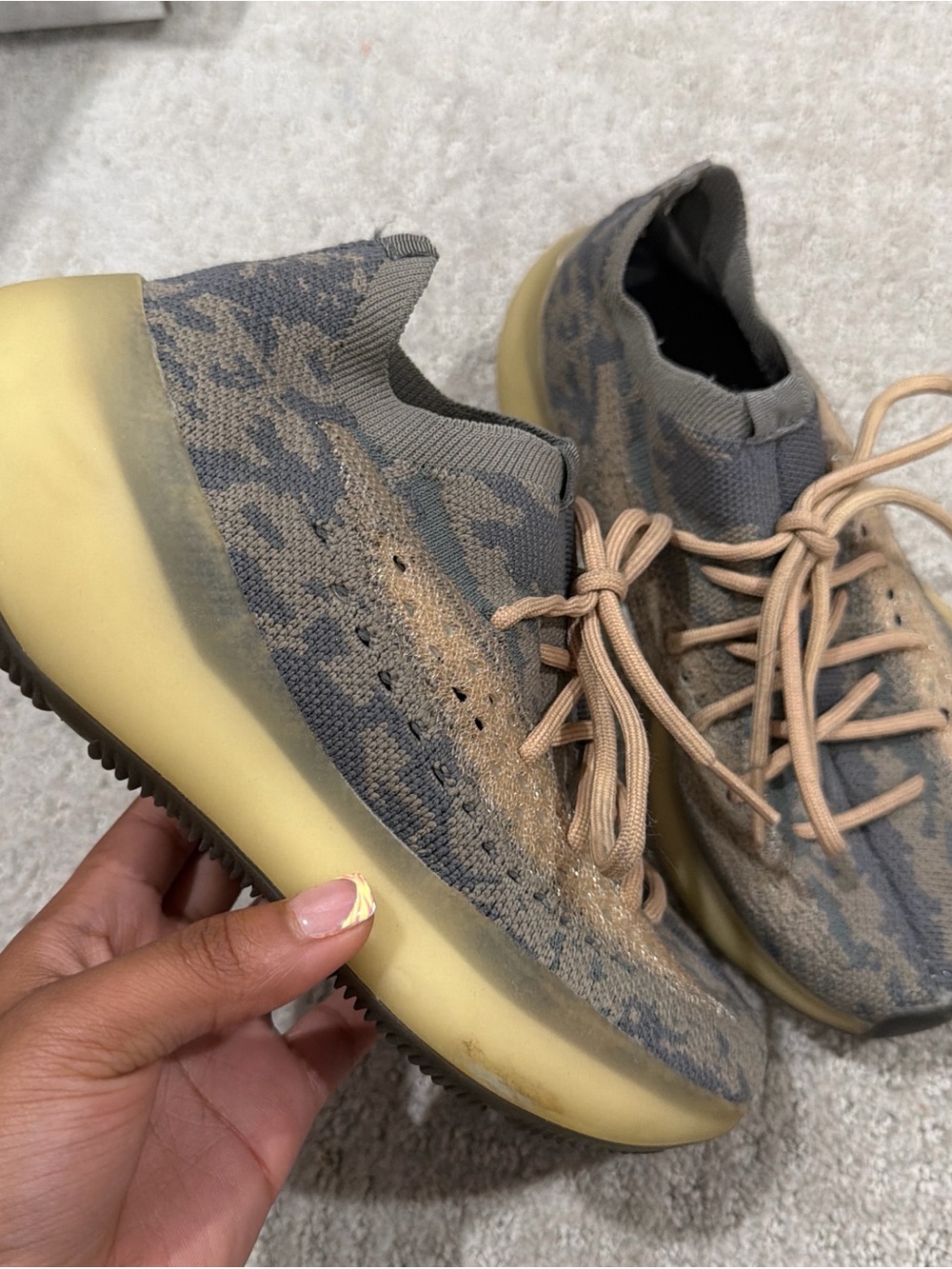 Yeezy Knit Sneaker in Gray with Tan Laces and Yellow Sole
